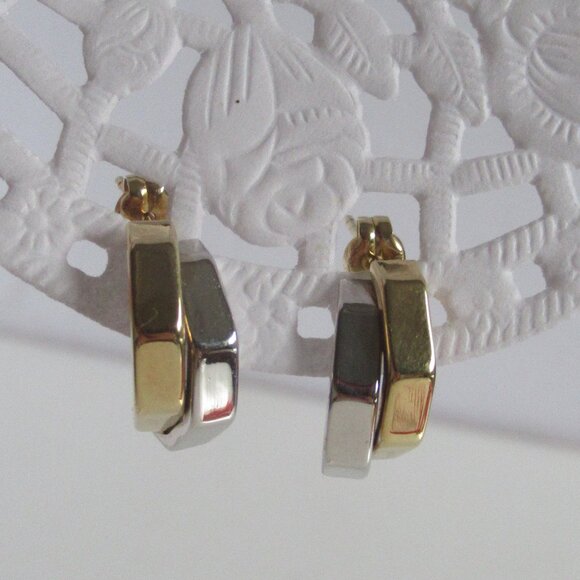 14k 2 tone, White & Yellow Gold Stud Earrings, 1/2 Octagon, Art Deco - Picture 4 of 11